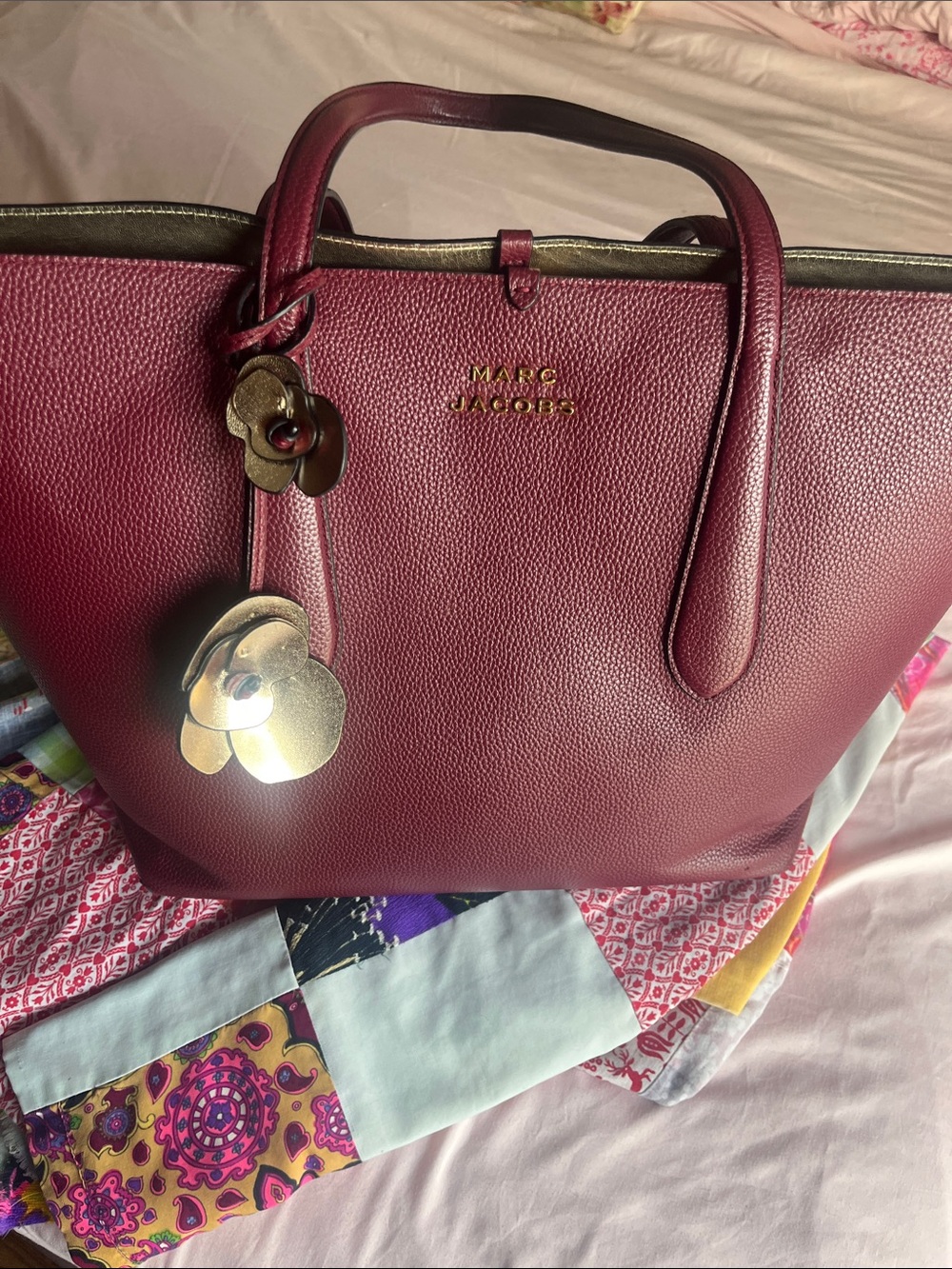 Marc Jacobs Burgundy Pebbled Leather Tote with Gold Floral Charm